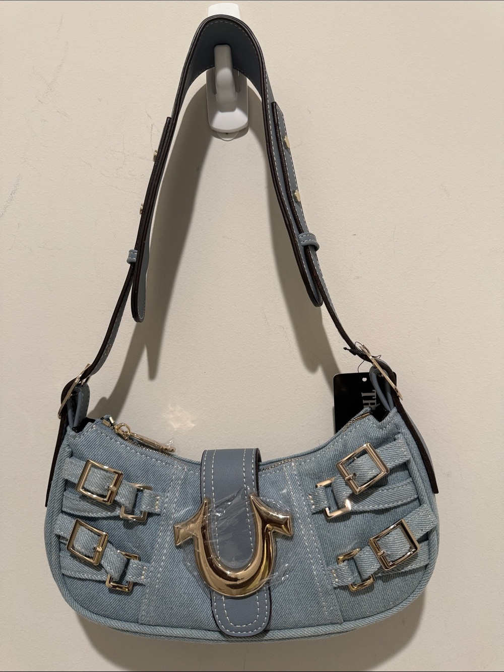 True Religion Light Blue Denim Shoulder Bag with Gold Hardware